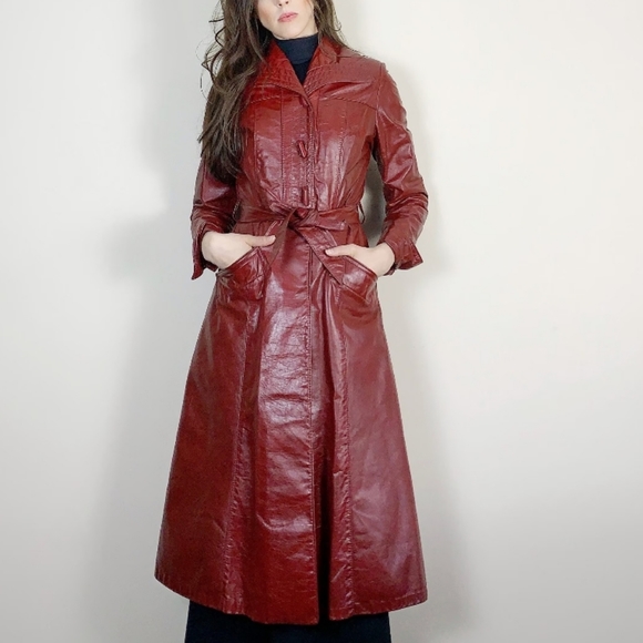 Vintage Cognac Genuine leather jacket fitted long double breasted, w self belt - Picture 16 of 16